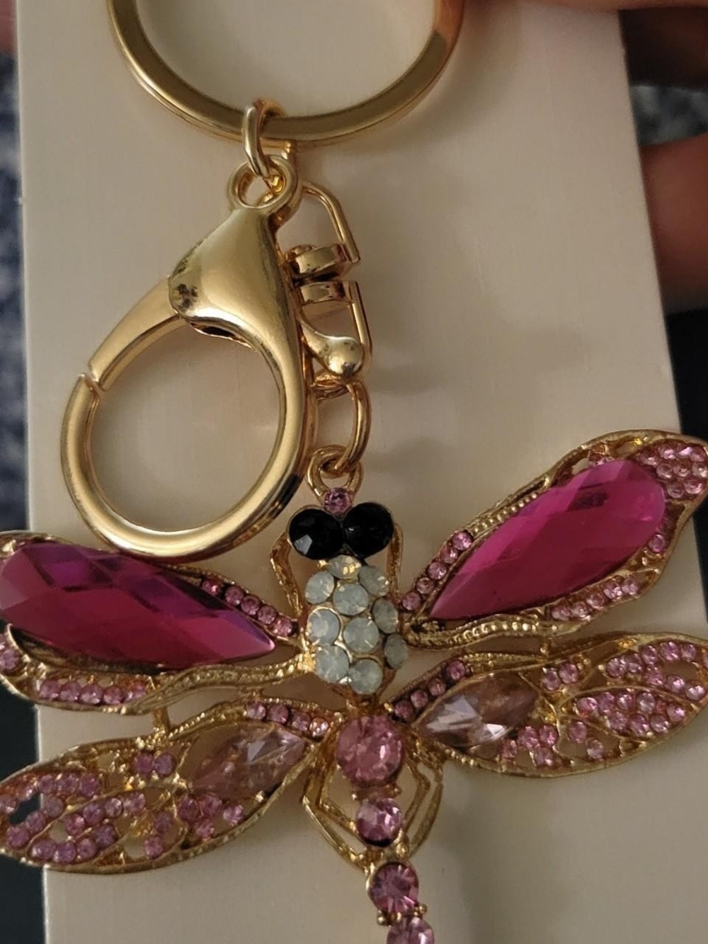 Gold-tone Pink Crystal Dragonfly Keychain